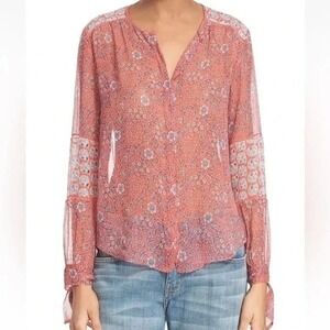 Rebecca Taylor Silk Top Sz 6 Sheer Amanda Print Long Sleeve Blouse Metallic